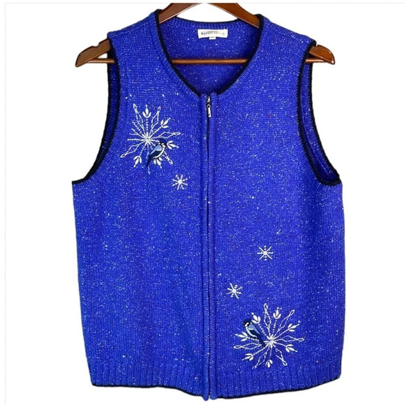 NORTHERN REFLECTIONS 90’s Vibe Sapphire Knit Embroidered Wool Sweater Vest L - Picture 2 of 10